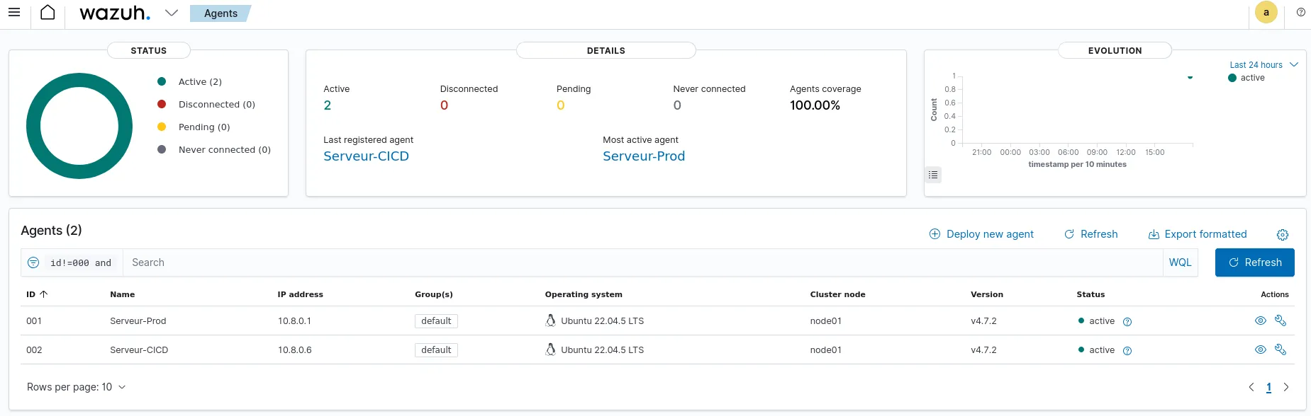 View of the Dashboard confirming the connection of the Prod and CI/CD servers.