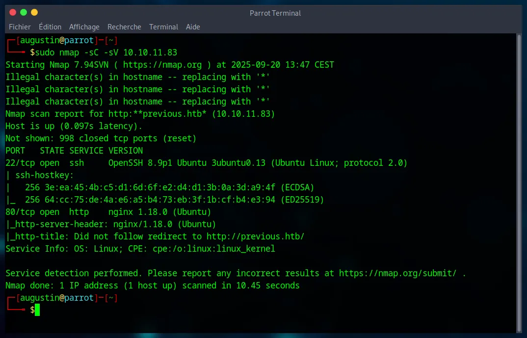 Nmap scan results for the Previous HTB machine
