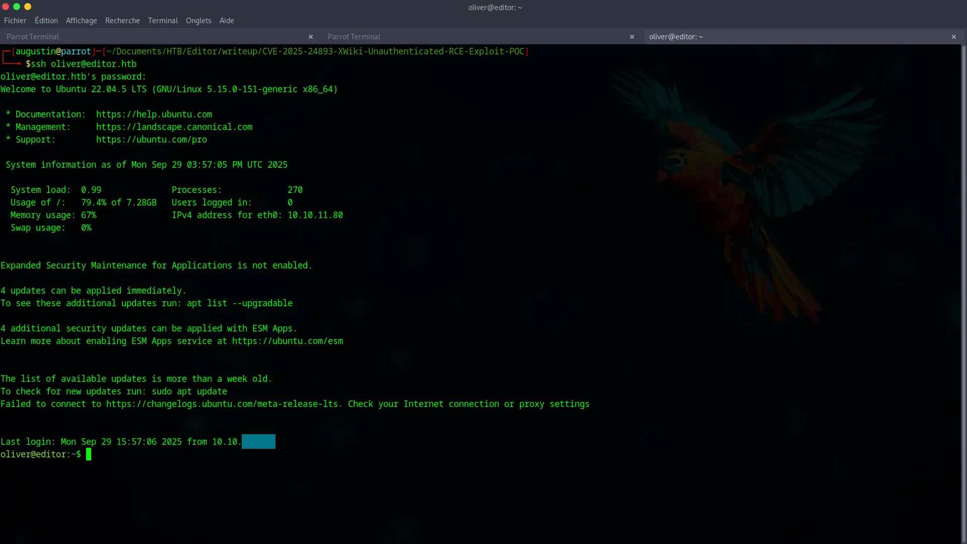 Logging in as oliver via SSH