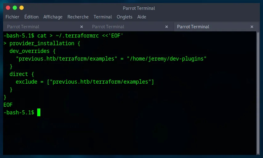 The .terraformrc configuration file for the provider hijack